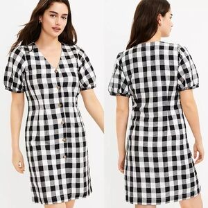LOFT Gingham Puff Sleeve Button Front V-Neck Dress Linen Black White Check 2